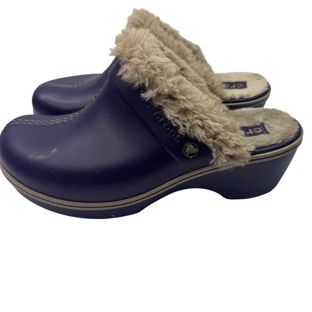 Crocs Faux Fur Lined Clog Mules Womens Size 9 Purple Faux Fur Wedge Cozy